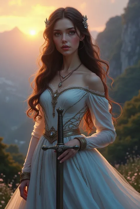 A girl with brunette hair holding a sword 🗡️ n a serene and evening background in a royal dress like Elsa’s dress
For a book cover for s

