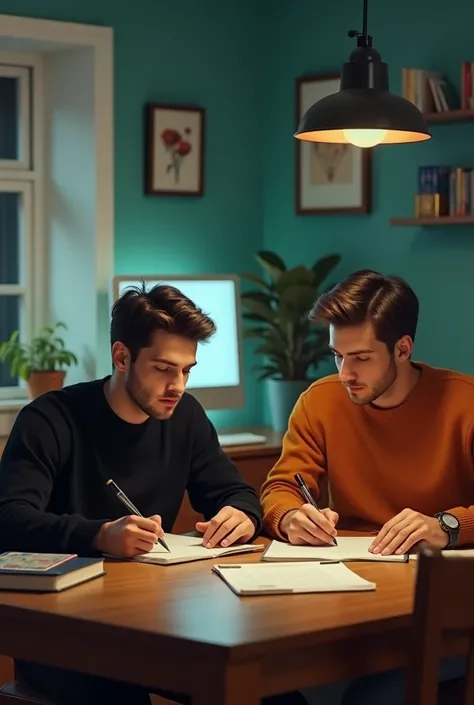 Two young men doing homework in a dining room .,  on the teal walls and with a computer above the dining room,  a boy in a black sweater and the other in an orange sweater 