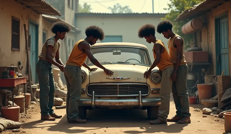 5 young Ethiopian afro hair mechanics repair an old car during 1960s in a dirty open air garage