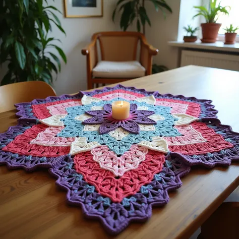 Nice home design crochet with wool new design on handmade home  and separate design white , red , purple, pink , sky blue color full view pic full room view zoom out on table 