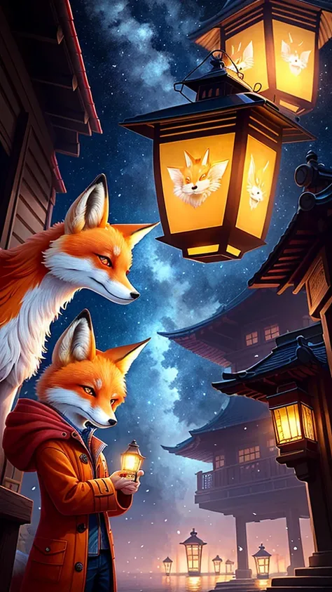 a painting of a fox in a coat looking at lantern, glowing lantern, beeple 和 jeremiah ketner, Beautiful Art UHD 4K, amazing wallpapers, lantern,  flashing lights ! digital painting,  Cyril Rolando and Goro Fujita,  Beautiful Digital Artwork,  inspired by Cy...