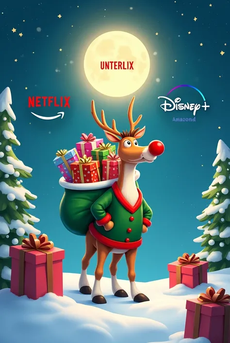  generates an image of Rodolfo the Reindeer who has gifts and that the Netflix logos appear there, Amazon Prime Video and Disney +  AND ABOVE THE IMAGE SAY "CHRISTMAS GIVEAWAY "