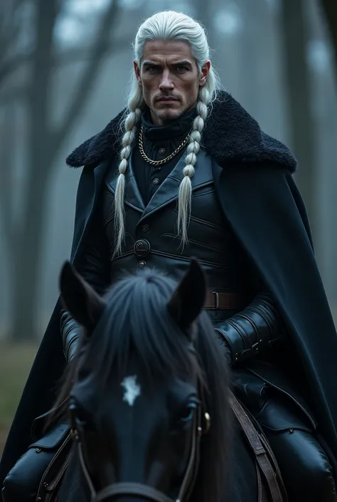  Create a handsome prince from hell ,  long, white hair held in a half braid ,  blue eyes and defined jaw .  Dressed in a leather combat outfit,  with an elegant black winter coat,  riding an imposing black horse . In the background, put night sky and a da...