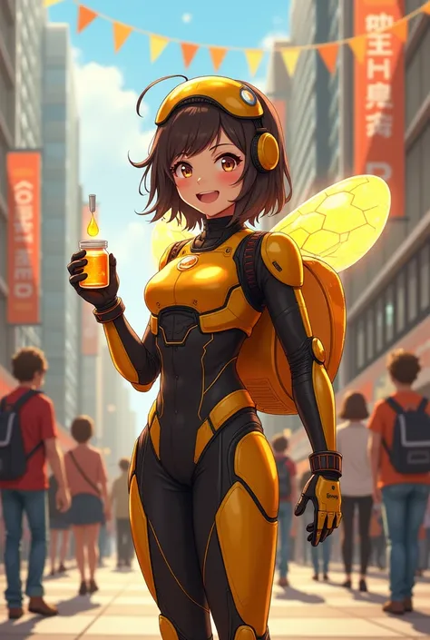 Create a 4K-quality anime-style illustration of an energetic young woman wearing a honeybee-inspired robotic suit as she happily distributes honey to people in a bustling city. The suit features a metallic golden design with black accents and glowing orang...