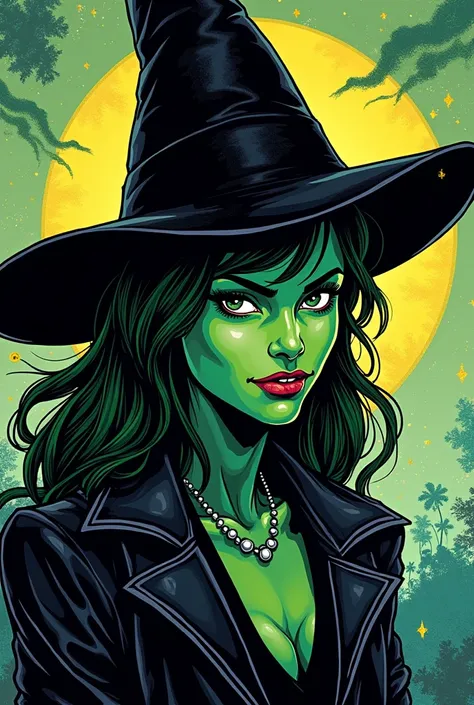 Generate the comic style image of Elphaba from Wicked young male version with hat