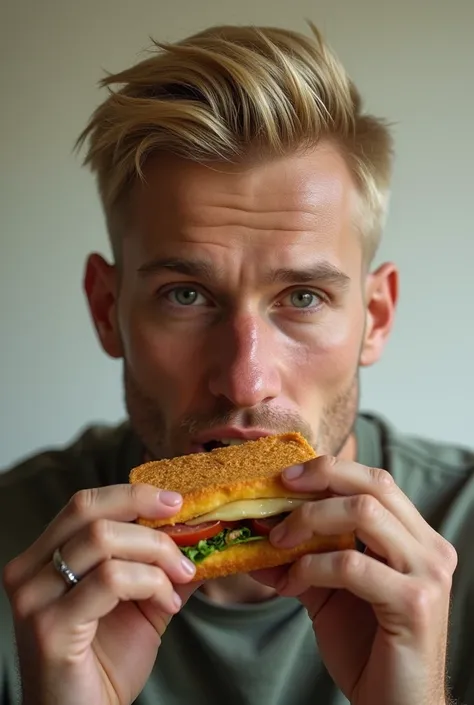 A shaved blond man with a long nose eats a sandwich 