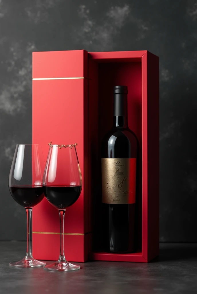 A high-end red wine gift box with gold accents on a dark textured backdrop, showcasing a sleek wine bottle in the center. The bottle is adorned with simple yet stylish labels or patterns. Beside it, two transparent wine glasses filled with rich, deep red w...