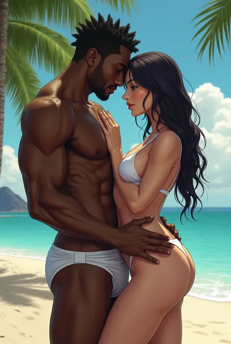 black man touching the thighs of a Japanese girl wearing a white bikini full body