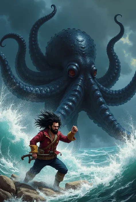 Captain Haddock with black hair and beard fighting an octopus