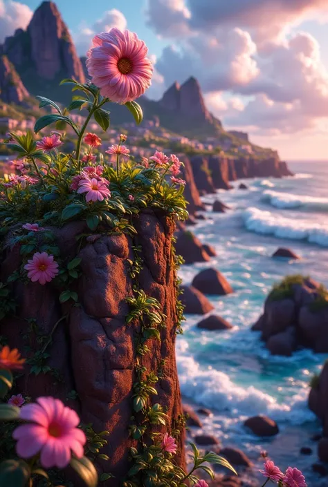 one beautiful flower atop a high cliff, stormy sea underneath