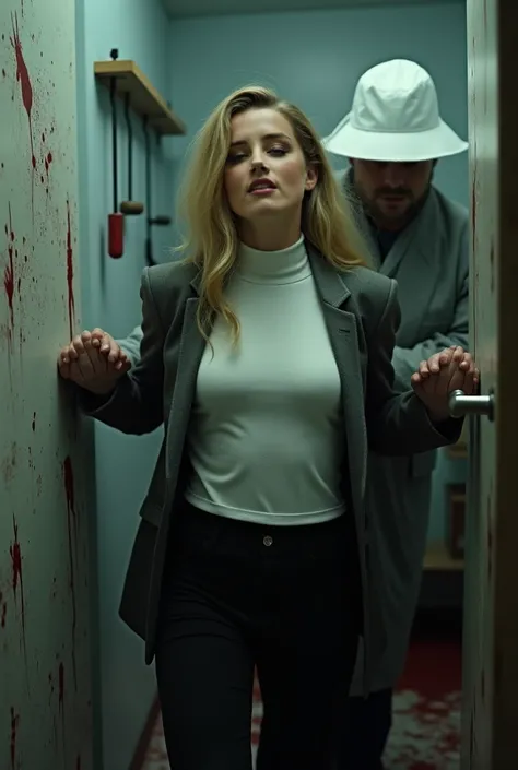 Amber heard wearing black pants and white t-shirt from wool to her neck with grey business jacket long blonde hair in bloody butcher freezer a man dragged her down on the ground from her Armpits eyes closed