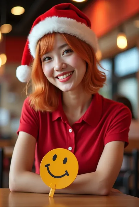 Close-up photo of a 20-year-old female salesperson with orange hair and a red Santa Claus hat in a KFC Thailand branch. With a sign reading Happy New Year on the floor, a smiley face, a warm Christmas atmosphere.