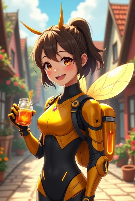 Create a 4K-quality anime-style illustration of an energetic young woman wearing a honeybee-inspired robotic suit as she happily distributes honey in a charming Nordic-style town. The suit features a metallic golden design with black accents and glowing or...