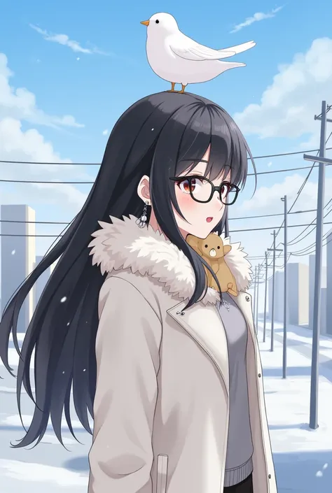 same,, 1girl, animal, animal on shoulder, [bird,  Black Frame Glasses, black eyes, black hair, blue Sky, cityscape, clear Sky, [coat, day, earrings,  Glasses Mount ,  glasses remove , fur [coat, jacket, jewelry, long hair, Side View , outdoor, Power lines,...