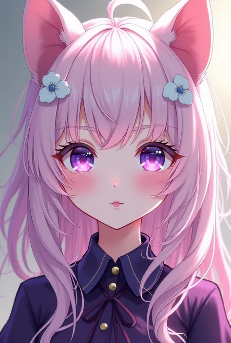 anime kemono woman white skin light pink hair purple eyes green eyes with blue dark purple blouse