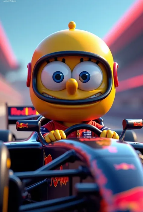  Make an image of Patricio the star of the SpongeBob cartoon,  driving the Red Bull Formula 1 car ,  That Patricio doesnt wear a helmet and see , The not so big head