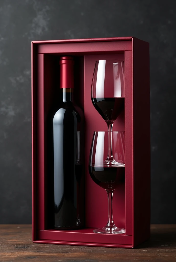 A larger luxury wine gift box with ample space to hold a wine bottle and two wine glasses, featuring a rich wine-red color with gold accents. The wine bottle stands upright in the center, and the two transparent wine glasses are positioned symmetrically on...