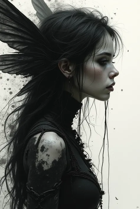 Niobium ((angry fairies)),ominous fairys land,ominous places,pretty face,threatening landscape,Iryna Yermolova,Nicola Samori,alexey egorov,alina ivanchenko,steampunk,cheyenne, High contrast, minimalistic, colored black and grungy white, dramatic, graphic n...