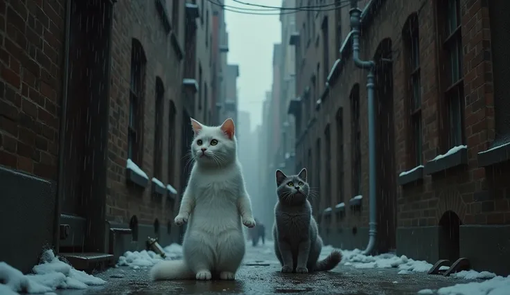 The white-furred cat girl stands near a narrow alley, her green eyes scanning for shelter.

The gray-furred cat boy looks up at her, his tail curling as he shivers in the cold.


Scene:
The siblings enter a dimly lit alley between two tall brick buildings....