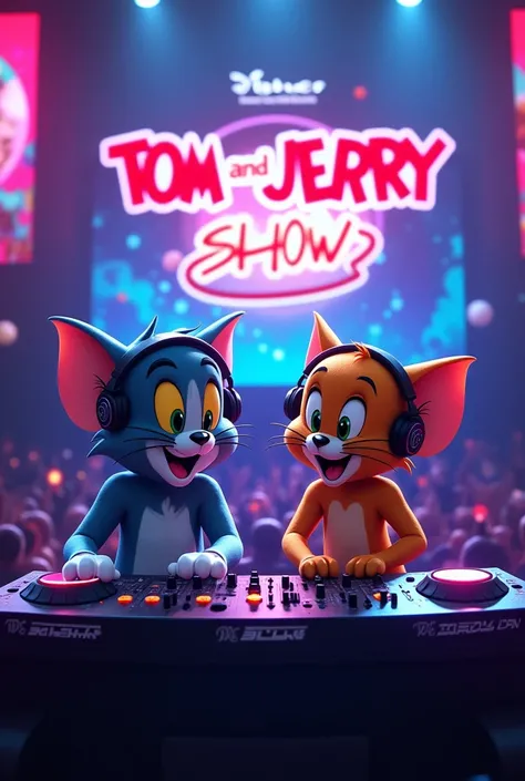 Tom and Jerry are both as edm djs  and djing live on the front of their stage at their edm festival with their headphones on their pioneer dj ddj-rzx with their visuals show name djs tom and jerry show logo on the lcd screenin 2d