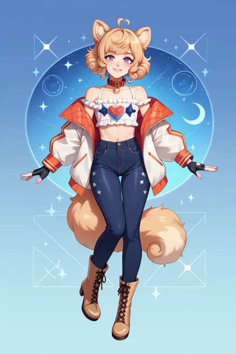 femboy, pomeranian dogboy, pomeranian dog ears, short curly hair, strawberry blond hair, purple eyes, beauty marks, moles, freckles, masterpiece, best quality, character sheet, pomeranian tail, full body, fully clothed, male clothes, A flowing white jacket...