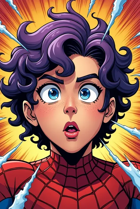 Marvel Comic Panel Spiderman, teenage boy, long curly hair, purple hair color, light blue eyes, with freckles make an ahegao face 