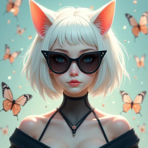 a guy with white hair and a cat face wearing sunglasses in front of butterflies, a character portrait, aestheticism, featured on art station, cgsociety 9, pinterest anime, artdevian