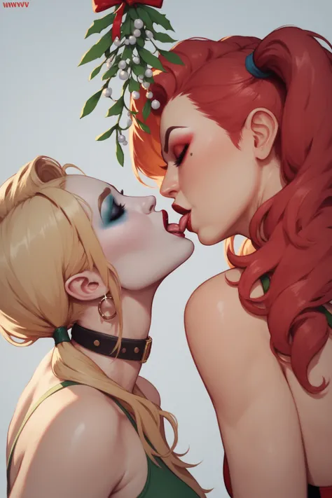 DCs Poison Ivy (with long wavy red hair) and Harley Quinn (with long blonde hair in twintails) kissing under the mistletoe, (NSFW)