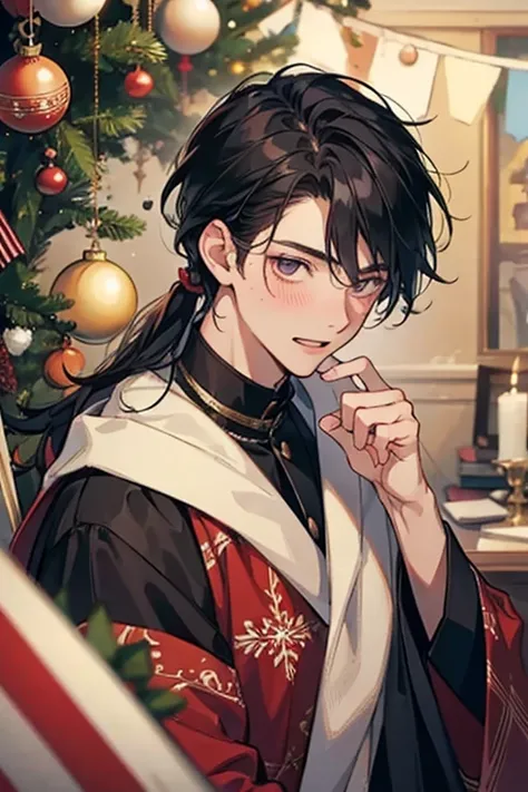 masterpiece,  very detailed, male ,20 years old ,solo,  black hair,  hair hanging over shoulders ,  disorganized, Fashionable clothes, dark eyes light blush ,  laughing,  stick out of the screen,  Christmas, living,  I have a present, 右になびく髪