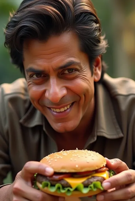 Photo Shah Rukh Khan eats a hamburger with realistic features 