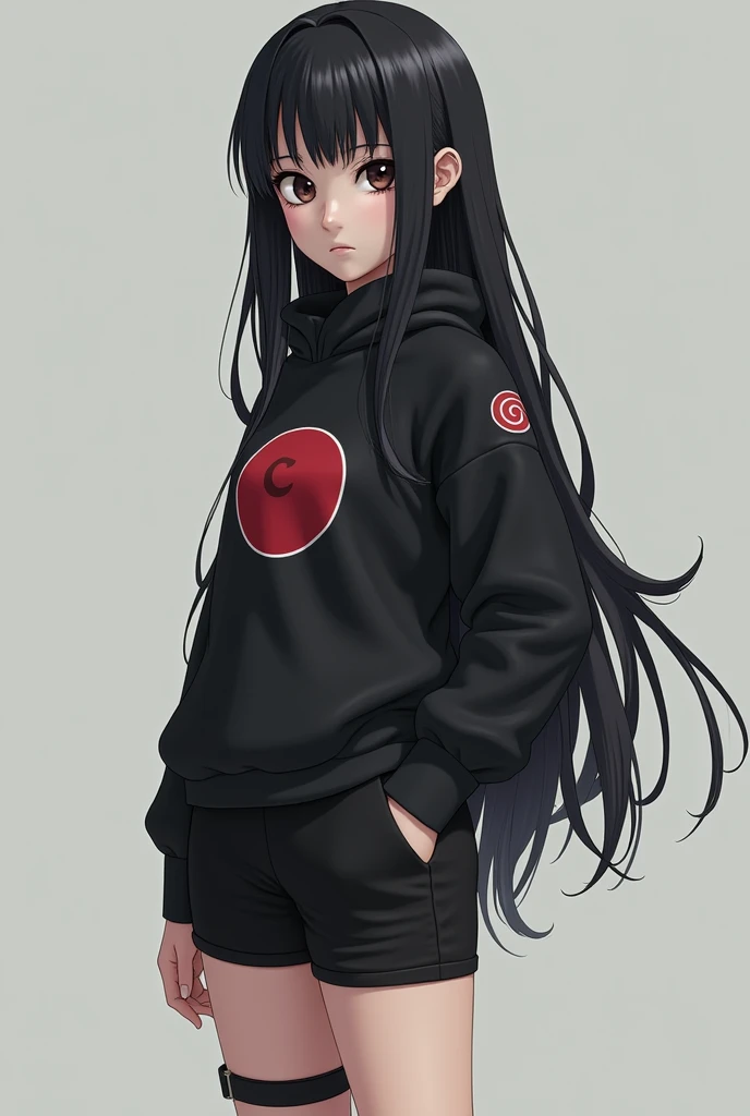  a 14-year-old girl,  similar to Itachi and Sasuke Uchiha,  Long Black Hair,  eyes with the Sharingan and dark , pale skin, nice body,  black shorts and black sweater , serious guy.
The sweater closest to the body and with the Uchiha sign on the front.
Mor...