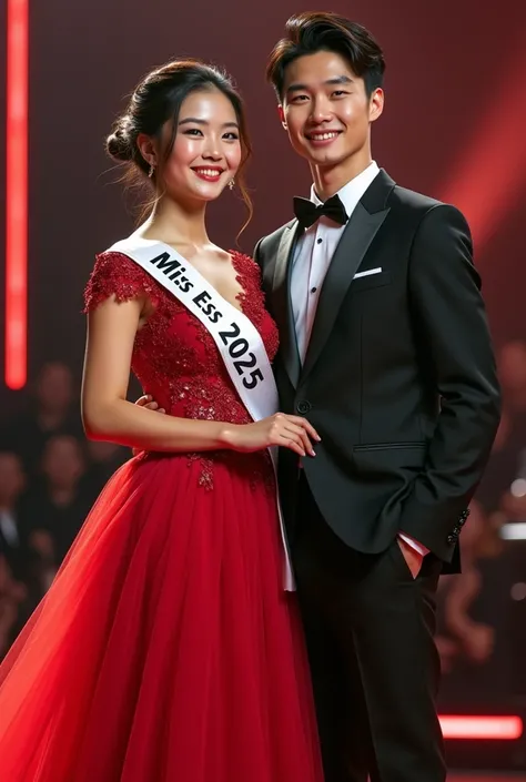  full body pair of beautiful young lovers sweet smile from Asian hair bun wearing long dress red color on body wearing long ribbon inscribed" MISS ESS 2025 "black font and handsome young man wearing black and white suit standing , concert stage background ...