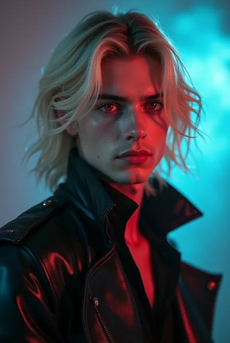 Alta resolución,  25 years  boy, wavy blonde long hair, red eyes, pale white skin, glam rock outfit 80s.
add fog around it.
add cool tones, Add some black smoke eye line .