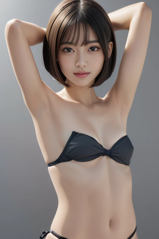 ((Small breasts:1.3))、 ((Bare Armpits:1.6))、( Black Strapless Micro Bikinis:1.7),( Sexy Poses:1.3)、Natural Shading、Japanese Idols)Serene and happy like a goddess、((( Exposing breasts、Nipples)))、((( between legs,Cracks)))、Gaze with your whole body 、((Small ...