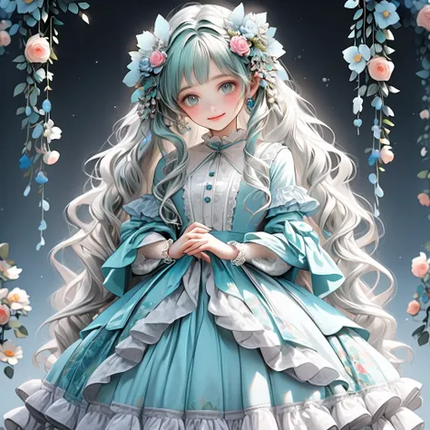 flower hair ornaments,{{turquoise dress}}, gray shadow dress,wide sleeves,floral print sleeves,Gothic lolita,white skirt,layered skirt,white sleeves，Curly long hair，a beauty girl，Fine hands，Fine fingers，(Best Quality)Fine details，There are a lot of flowers...