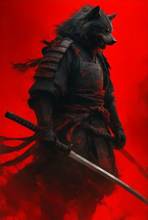 A very majestic werewolf samurai, with a strong appearance, with very large muscles and a large size, wearing a samurai hat, an angry ninja staring at the camera, red shadows coming out of his eyes, flames in a rocky place, a  the power of shadows, adapted...