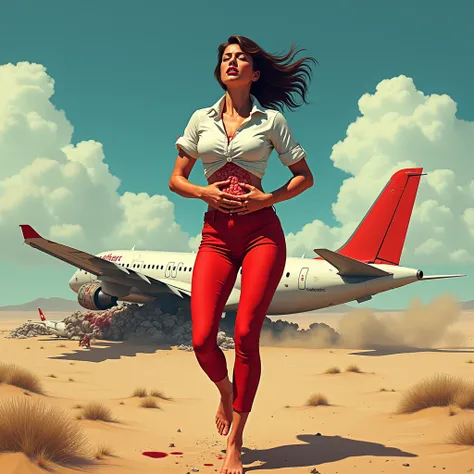 Generate cinematic artstyle of a barefoot female flight attendant in white shirt TUCKED in skintight red pants is walking weakly after plane crash in a desert area , crashed plane can be seen in background , slightly bending down clutching her intestines w...