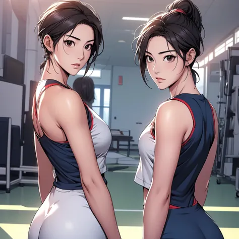  top quality  ,   masterpiece ,   Ultra High Definition , (  Photorealistic image : 1.4),  RAW photo, anime, 1 anime girl. Korean woman with short hair tied up in a ponytail wears volleyball uniform has a big butt 