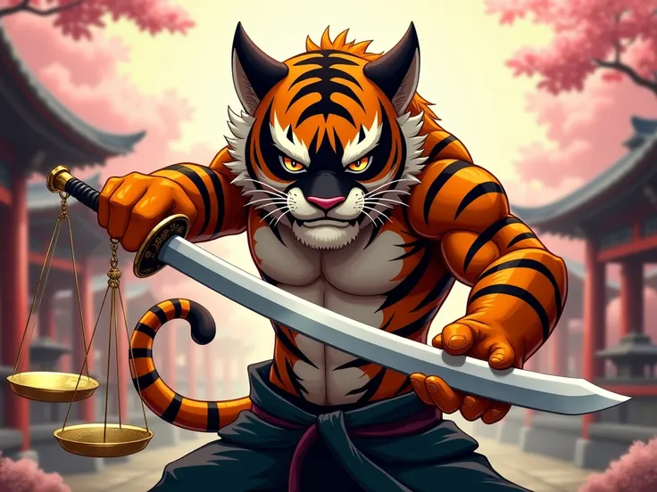 Mascot Tiger with mask Zoro, with sword, and scales of justice.