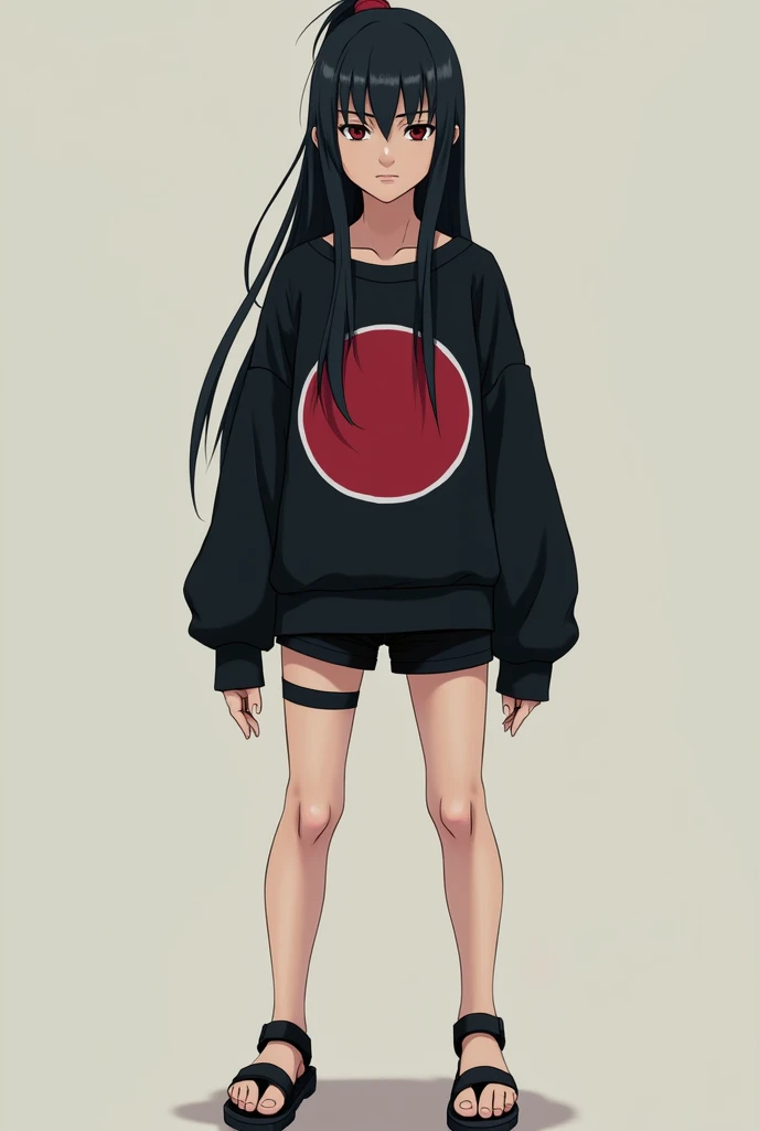  a 14-year-old girl,  similar to Itachi and Sasuke Uchiha,  Long Black Hair,  eyes with the Sharingan and dark , pale skin, nice body,  black shorts and black sweater , serious guy.
The sweater closest to the body and with the Uchiha sign on the front.
Mor...