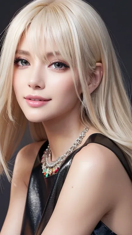 Sexy Italian Model, 美しいsmile,  lip gloss,  long eyelashes ,  close-up photography , (Large sparkly necklace), (big shiny bracelet), Daytime scene,  COLORFUL MULTI-COLOR HIGHLIGHTS , Improve, ((( Platinum Blonde Stylish Hair))), (( business style dark grey ...