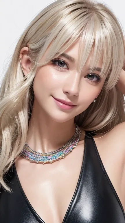 Sexy Italian Model, 美しいsmile,  lip gloss,  long eyelashes ,  close-up photography , (Large sparkly necklace), (big shiny bracelet), Daytime scene,  COLORFUL MULTI-COLOR HIGHLIGHTS , Improve, ((( Platinum Blonde Stylish Hair))), (( business style dark grey ...