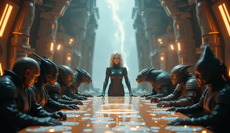 An epic scene of a peaceful intergalactic meeting in a grand futuristic hall. In the center, a human president, Elara Voss, a confident and calm leader, stands at a table with various alien apex predators, including a massive reptilian warrior named Khyrax...