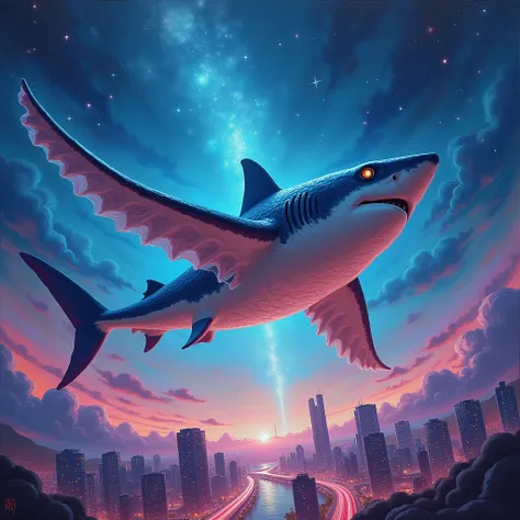 there is a drawing of a shark above a city and stars, an airbrush painting, inspired by Shin Yun-bok, rayonism, manta ray, bioluminiscent creatures, manta ray made of pancake