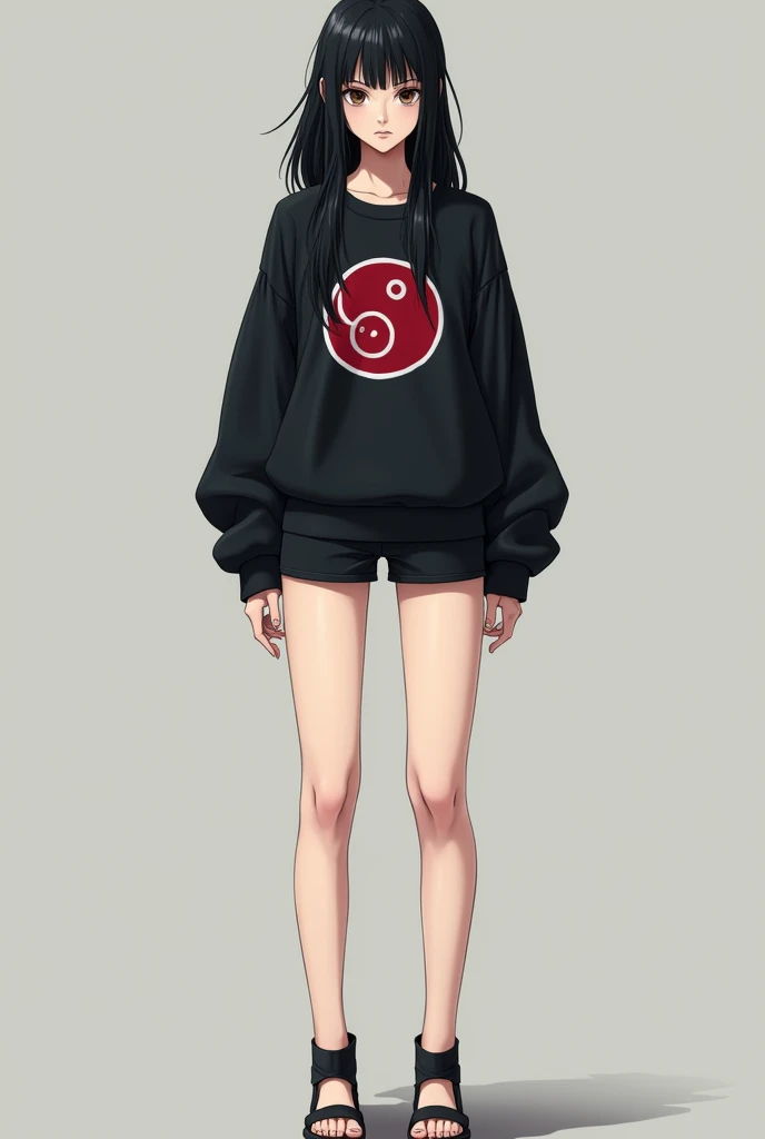  a 14-year-old girl,  similar to Itachi and Sasuke Uchiha,  Long Black Hair,  eyes with the Sharingan and dark , pale skin, nice body,  black shorts and black sweater , serious guy.
The sweater closest to the body and with the Uchiha sign on the front.
Mor...