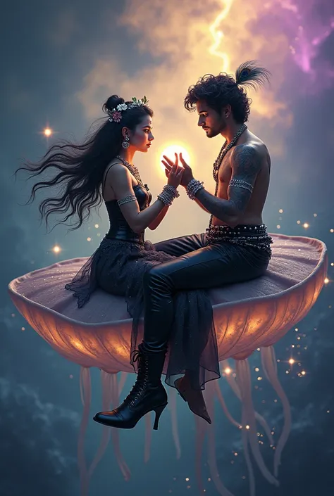 A surreal depiction of Radha and Krishna, floating weightlessly in the vast expanse of an iridescent cosmic ocean, where the "water" shimmers with shifting hues of purple, gold, and deep indigo, dotted with tiny, glowing star-like particles. Radha is grace...