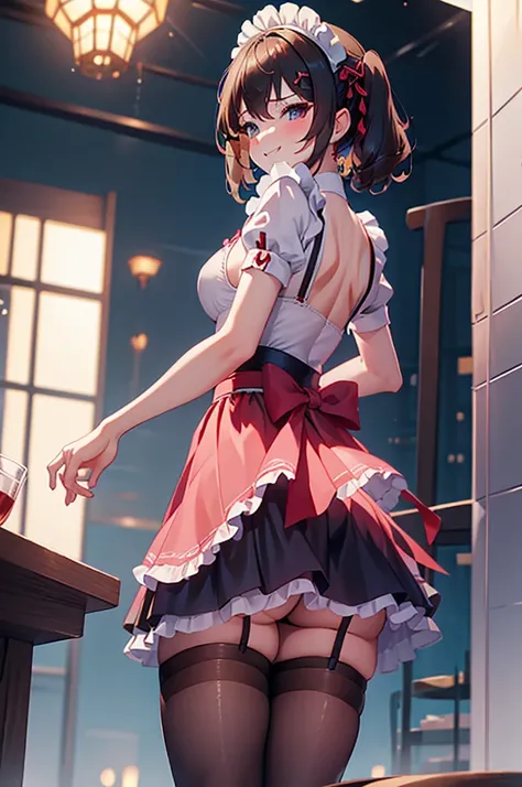 a solo cute shy boy, sexy boy,traps, short twintail hair, sexy small breast , crossdressing a japan maid dress and black pantyhose,lift your skirt ,wearing a sneaker ,face red and embarrassed,smile ,Underbutt,ass view, ass focus,standing in a night city at...