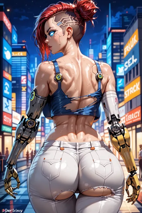 A cyberpunk woman with perfect curvy body, detailed face, detailed eyes, detailed lips, detailed chest, highest quality, masterpiece, (back view:1.5), BREAK

(tech skin:1.5), punk hair, (dimly glowing cybernetic eyes eyes:1.0), full lips, glossy lips, chee...