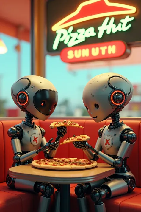 Robot girl and boy eating pizza, background pizza hut, siting on the chair,boy still x pack