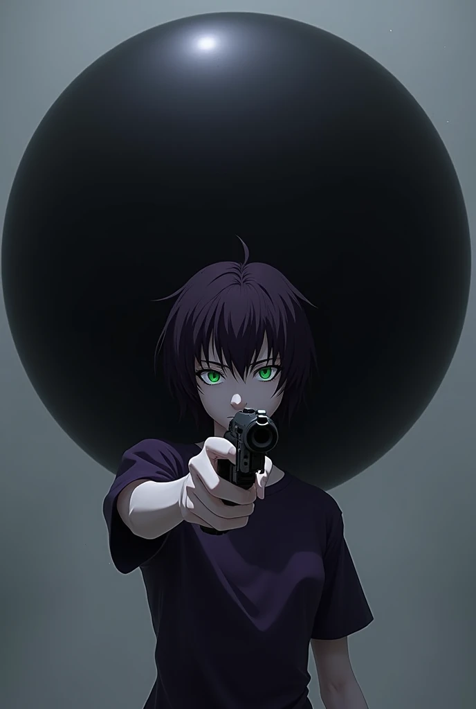 Anime Timboy, white skin, dark purple hair, green eyes, wearing a dark purple shirt, tall black bubble, holding a pistol 